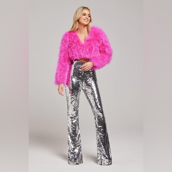 NADINE MERABI CILLA SILVER SEQUIN TROUSERS XXL FLARE LEG PARTY DISCO SHINY SEXY
